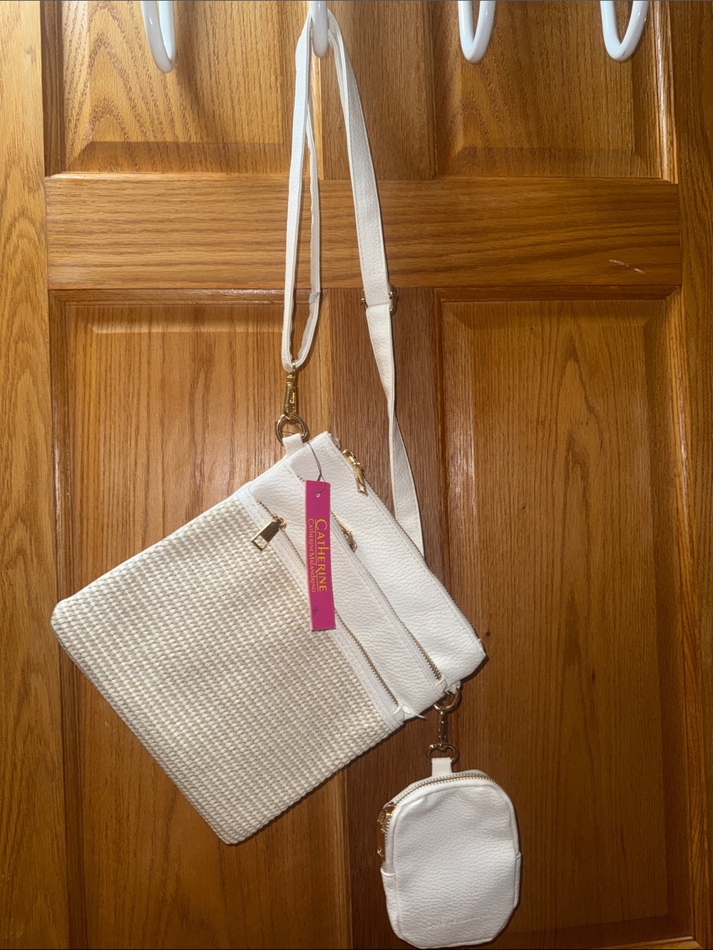 Catherine Malandrino White Woven Crossbody with Detachable Coin Pouch